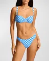 Seafolly Plaid High-leg Ruched Bikini Bottoms In Azure
