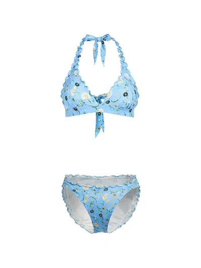 Seafolly Ruffled Floral-print Bikini In Blue