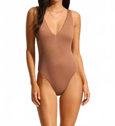 Seafolly Sea Dive Deep V Neck One Piece Swimsuit In Bronze In Brown