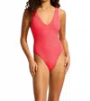 Seafolly Sea Dive Deep V Neck One Piece Swimsuit In Snapdragon In Pink