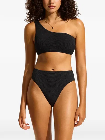 Seafolly Sea Dive Textured One-shoulder Bikini Top In Black