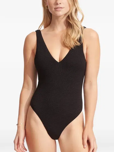 Seafolly Sea Dive Textured V-neck Swimsuit In Black