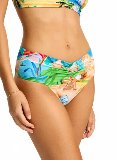 Seafolly South Pacific Gathered Band Retro Bikini Bottom In Turquoise In Multi