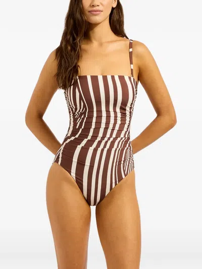 Seafolly Striped Ruched Swimsuit In Brown