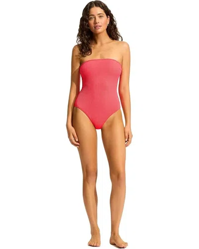 Seafolly Women's  Sea Dive Bandeau One-piece Snapdragon Stretch Swimsuit Red43 In Pink