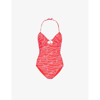 Seafolly Womens Chilli Red Set Sail Graphic-pattern Stretch Recycled-nylon Swimsuit