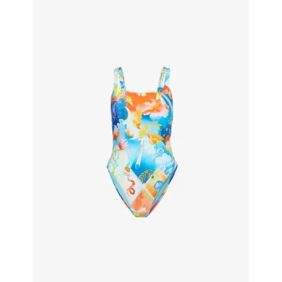 Seafolly Womens Aquarius Square-neck Graphic-print Swimsuit Turquoise