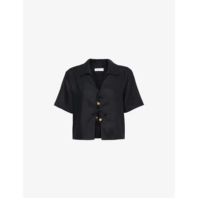Seafolly Womens Palermo Tie-front Short-sleeve Linen-blend Beach Shirt Black