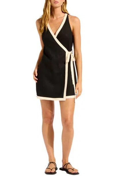 Seafolly Wrap Cover-up Linen Blend Minidress In Black