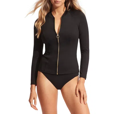 Seafolly Zip Front Long Sleeve Rashguard In Black