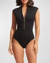 Seafolly Collective Zip-front Stretch-recycled Nylon Swimsuit In Black