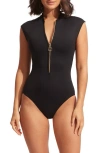 SEAFOLLY ZIP-UP CAP SLEEVE ONE-PIECE SWIMSUIT