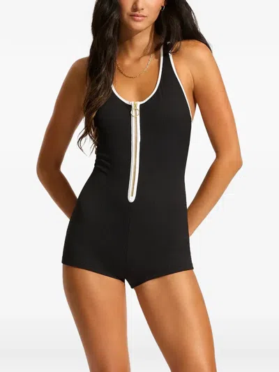Seafolly Zip-up Ribbed Swimsuit In Black