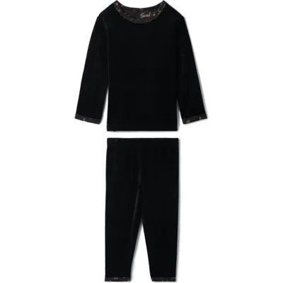 Seal Kids'  Floral Neckline Long Sleeve Top & Elastic Waist Pants Velour 2 Piece Set In Black