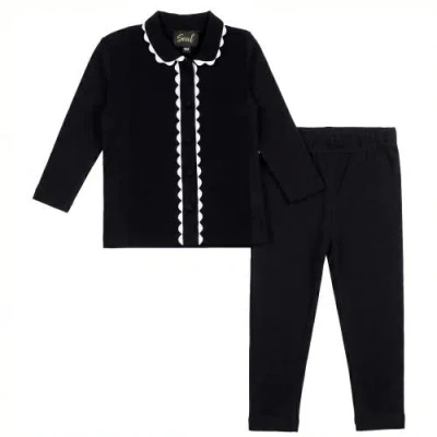 Seal Kids'  Girl Rick Rack Covered Button Long Sleeve Top And Elastic Waist Pants Two Piece Set In Black