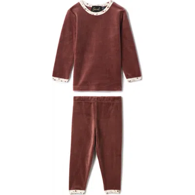 Seal Kids'  Girl Velour Floral Print Neckline Long Sleeve Top & Elastic Waist Pants Set In Brown