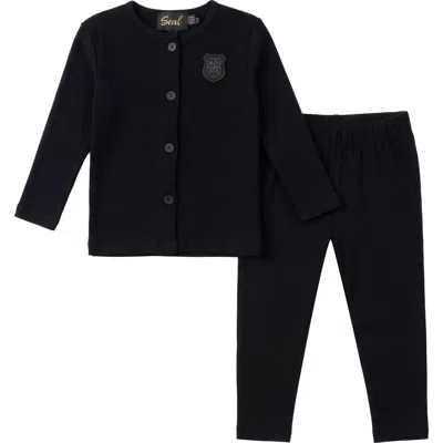 Seal Ribbed Button Down Scallop Neckline Shield Emblem Top And Pants Set In Black
