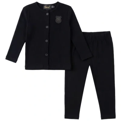 Seal Kids'  Ribbed Button Down Scallop Neckline Shield Emblem Top And Pants Set In Black