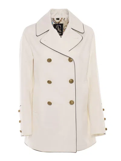 Sealup Double-breasted Tailored Peacoat With Navy Piping In Neutral