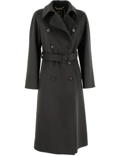 Sealup Dark Green Long Coat With Double-breasted Design In Black