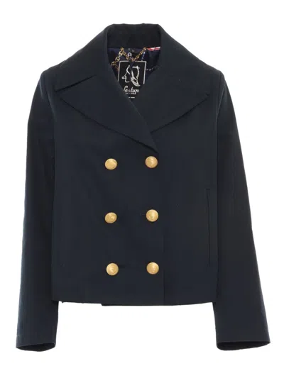 Sealup Tailored Cotton Peacoat With Chain Print Lining In Blue
