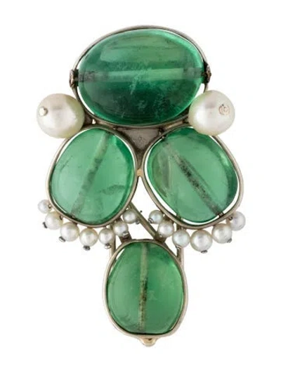 Pre-owned Seaman Schepps 14k Fluorite & Pearl Clip Brooch In Multicolor
