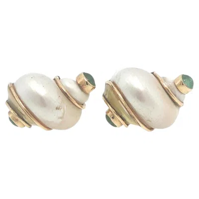 Pre-owned Seaman Schepps 14k Gold Green Turbo Shell Earrings