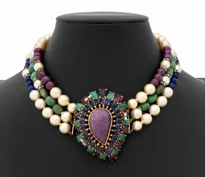 Pre-owned Seaman Schepps 14k Gold Multi-colored Gemstone & Pearl Necklace