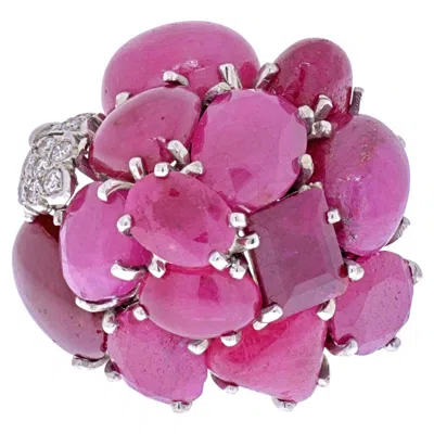 Pre-owned Seaman Schepps 14k White Gold 1970's Cabochon Ruby And Diamond Ring