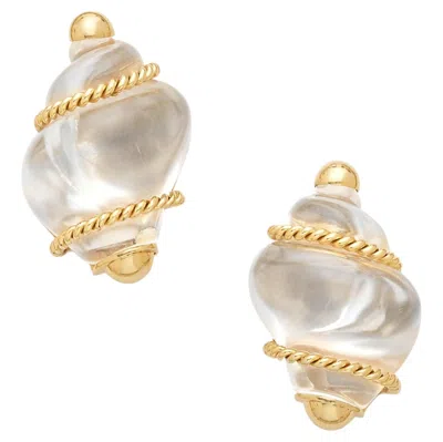 Pre-owned Seaman Schepps 14k Yellow Gold Rock Crystal Shell Clip-on Earrings