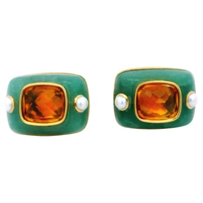Pre-owned Seaman Schepps 18k Gold Chrysoprase Citrine Pearl Earrings In Multi