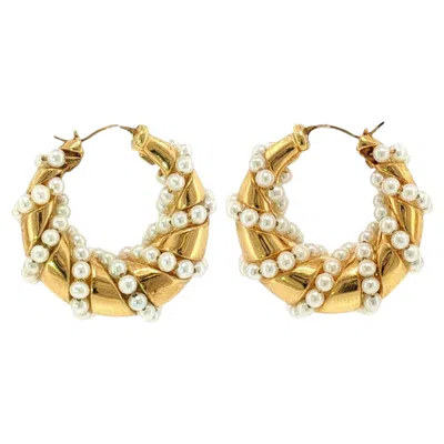 Pre-owned Seaman Schepps 18k Hoop Earrings Spiral Cultured Pearls Yellow Gold