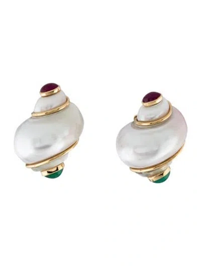 Pre-owned Seaman Schepps 18k Mother Of Pearl, Emerald & Ruby Shell Earclips In Multicolor