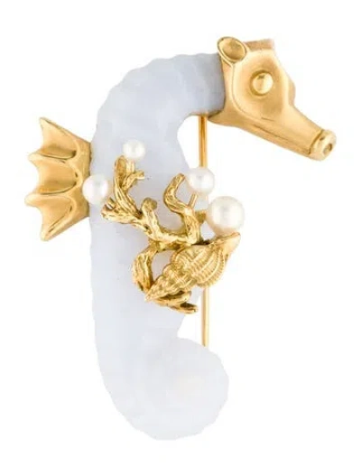 Pre-owned Seaman Schepps 18k Pearl & Chalcedony Seahorse Brooch In Multi
