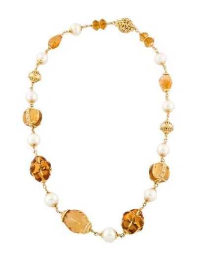 Pre-owned Seaman Schepps 18k Pearl & Citrine Station Necklace, 20" In Multi