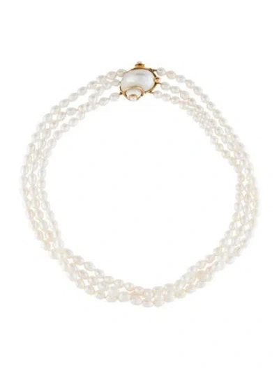 Pre-owned Seaman Schepps 18k Pearl & Mother Of Pearl Turbo Shell Trippel Strand Necklace, 17" In Multi