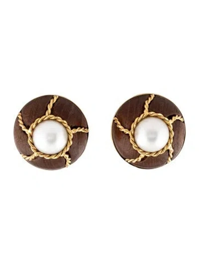 Pre-owned Seaman Schepps 18k Pearl & Wood Clip-on Earrings In Multicolor