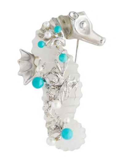 Pre-owned Seaman Schepps 18k Pearl, Diamond, Turquoise & Quartz Seahorse Brooch In Multi