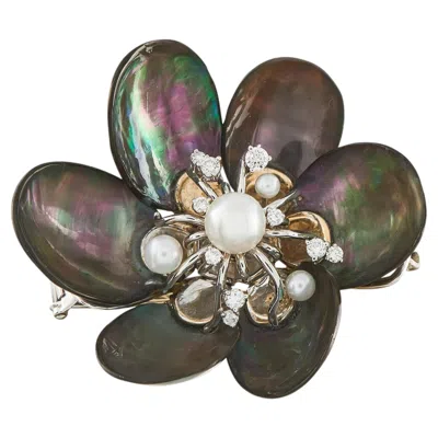 Pre-owned Seaman Schepps 18k White Gold 0.40ct Diamond And Pearl Brooch Mf23-070226