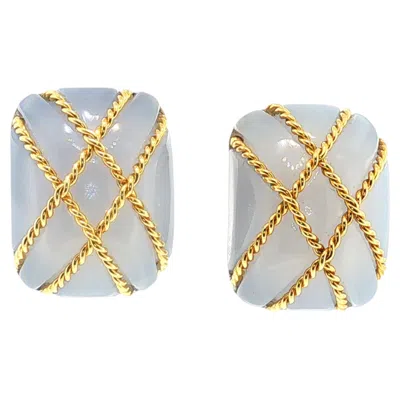 Pre-owned Seaman Schepps 18k Yellow Gold Clip On Earrings With 21.0x27.0mm Blue Chalcedony