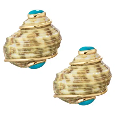 Pre-owned Seaman Schepps 18k Yellow Gold Turquoise Green Mottled Turbo Shell Earrings