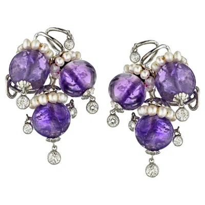 Pre-owned Seaman Schepps Amethyst, Diamond And Pearl Earrings In Purple