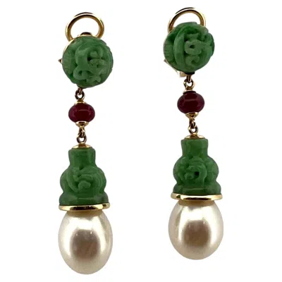 Pre-owned Seaman Schepps Canton Drop Jade, Ruby, Pearl Clip Earrings 18k Gold 17.37g In Multi
