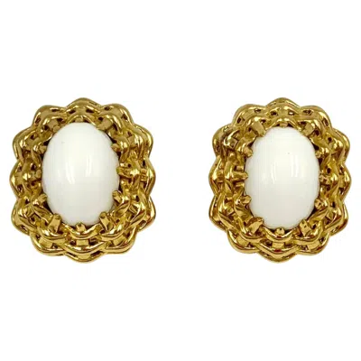 Pre-owned Seaman Schepps Estate  Lightship 18k Yellow Gold White Agate Earrings