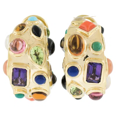 Pre-owned Seaman Schepps Fifties 18k Gold Bezel Multi Color Gemstones Omega Hoop Earrings