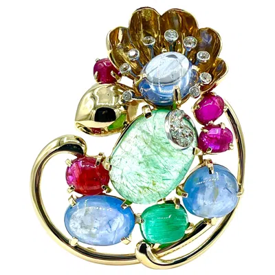 Pre-owned Seaman Schepps Floral Brooch With Cabochon Sapphire, Emerald, Ruby, & Diamonds In Multi