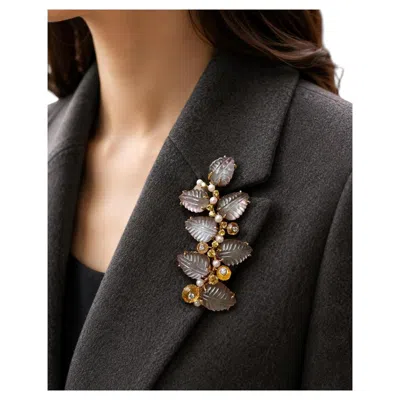 Pre-owned Seaman Schepps Gold Carved Quartz Citrine Diamond Sapphire Large Leaf Brooch In Blue