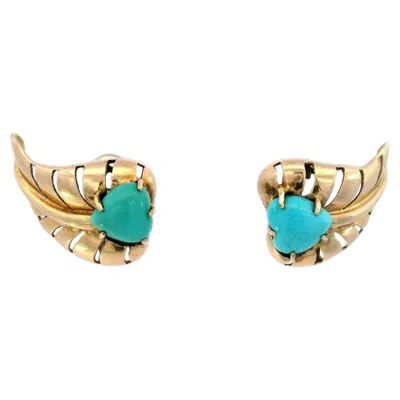 Pre-owned Seaman Schepps Heart Leaf Motif Clip On Earrings Turquoise Centers 14 Karat Gold In Multi