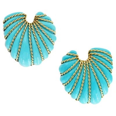 Pre-owned Seaman Schepps Pair Of Gold And Turquoise Shell Brooches In Multi