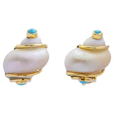 Pre-owned Seaman Schepps Shell Ear-clips With Turquoise Cabochon In Multiple